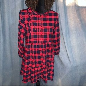 Nordstrom Angie Red/Navy Tartan Smock Midi Dress Sz L